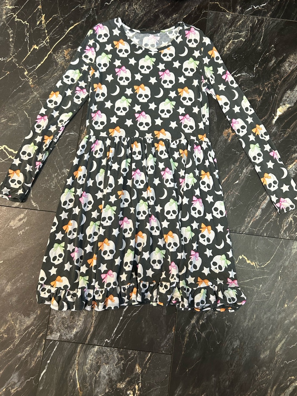 Posh Peanut Black Skull Print long sleeve twirl Dress Halloween